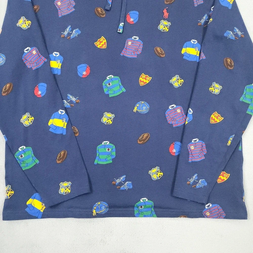 Polo Ralph Lauren Mens L Hooded Shirt Navy Rugby All Over Print Long Sleeve